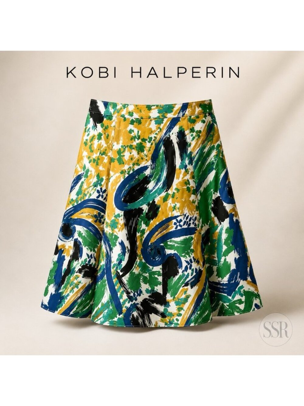 Kobi Halperin Margot A-Line Skirt NWT Field Green Multi Abstract Print Cotton L